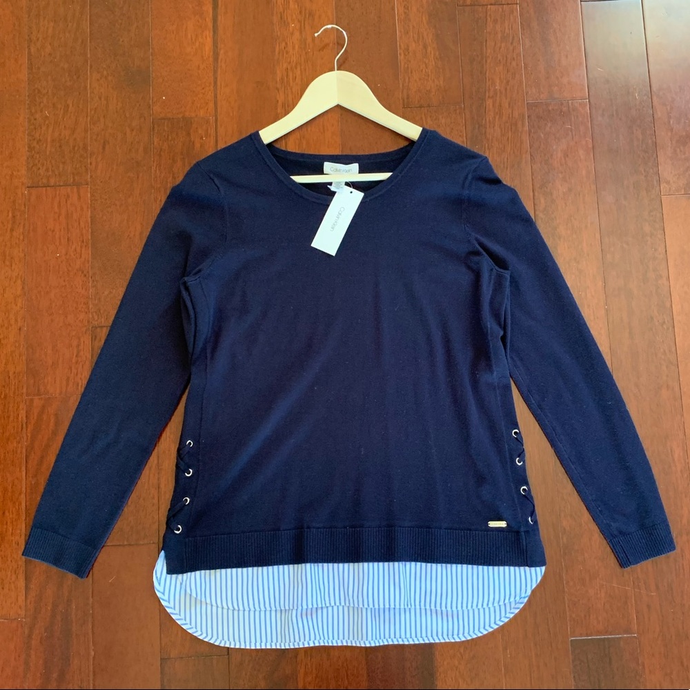 Calvin Klein Navy Sweater with Striped Bottom